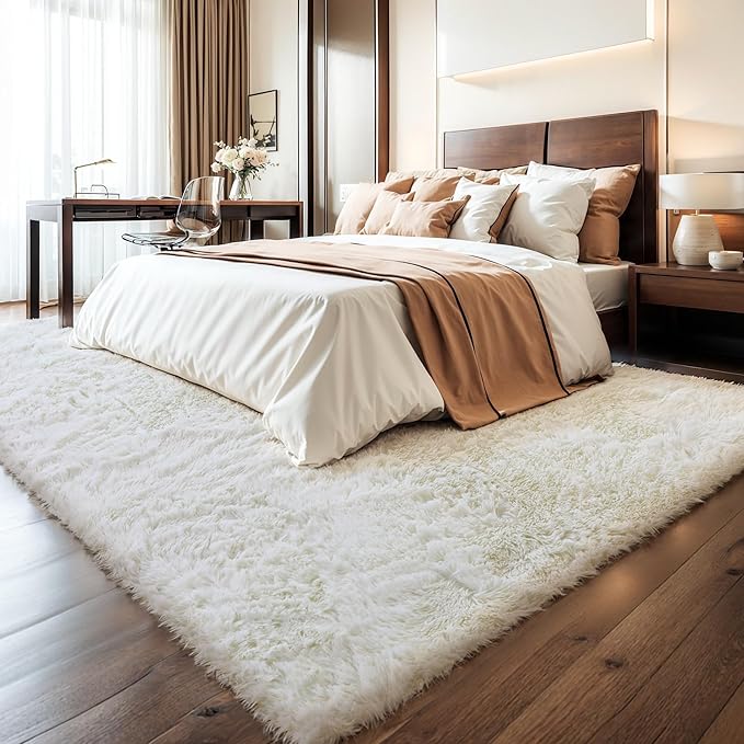 Thick Area Rug 5x8 Cream White Fluffy Shag for Bedroom, Washable Fuzzy Rug for Living Room, Modern Soft Shaggy Furry Plush Thickened Carpet for Kids Boys Girls Dorm Room Nursery, Ivory