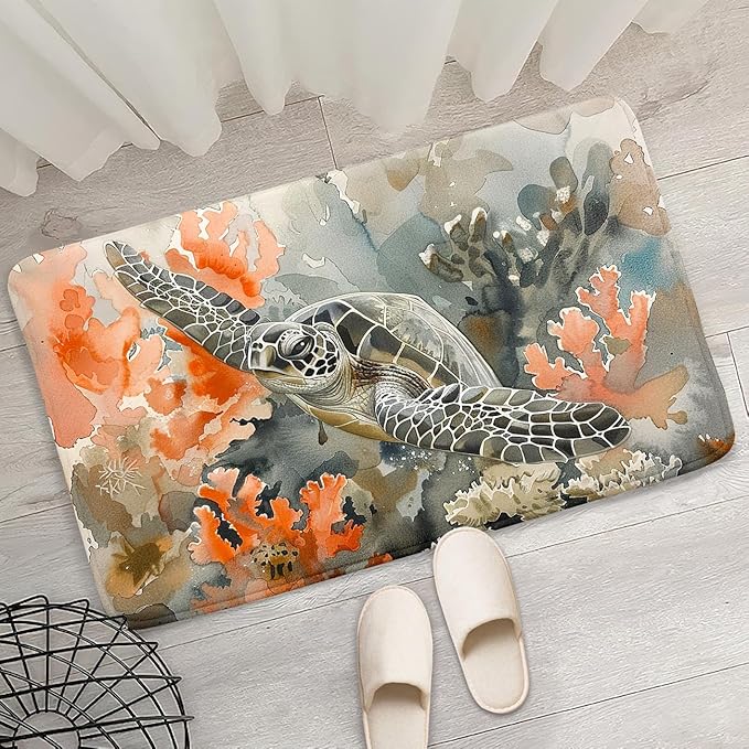 Sea Turtle Carpet Rug - Kids Coastal Rugs for Bedroom Ocean Life Theme, 35" L x 23" W