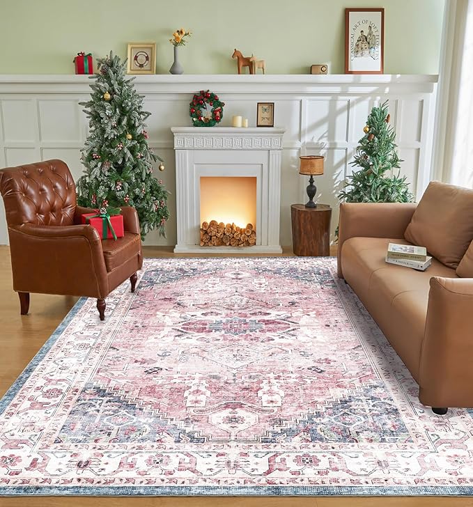 Vintage Boho Pink 8x10 Area Rug - Washable, Non-Slip, Low Pile Faux Wool for Living Room, Bedroom, Dining Room, Kitchen, Office