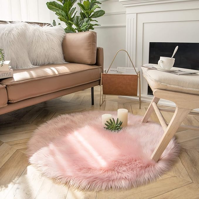 Ashler Faux Fur Rug, Pink Fluffy Shaggy Area Rug, Soft 3x3 Ft Round Fur Rug, Fuzzy Machine Washable Carpet, Nursery Rug for Kids Bedroom, Living Room