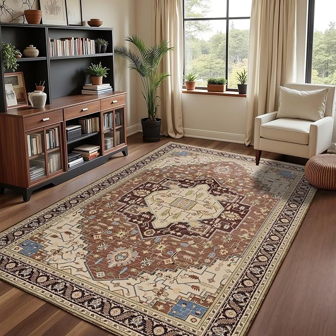 3x5 Mousse Brown Area Rug for Living Room, Machine Washable Rugs with Non-Slip Backing for Bedroom, Vintage Medallion Carpet Kitchen Laundry Kids Room Decor