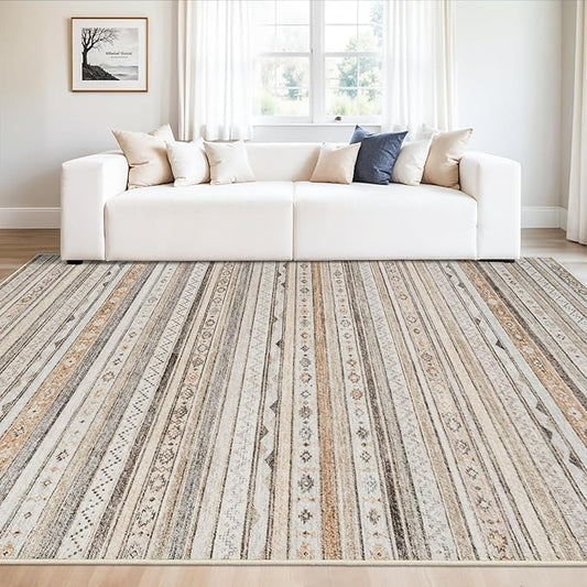 10x14 Rug for Living Room Washable, Large Striped Farmhouse Area Rugs for Bedroom Soft Ultra Thin Indoor Carpet Non Slip Stain Resistant Dining Room Rug Waterproof Southwest Style, 10x14 Beige/Multi