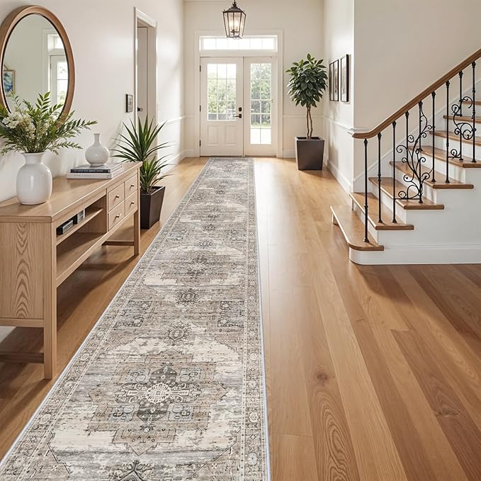 RUUGME Washable 3x20 Runner Rugs - Hallway Runner Rug for Living Room Stain Resistant Carpet with Non Slip Backing Vintage Rugs for Bedroom Kitchen Floor Decoration Mat 3x20 Beige