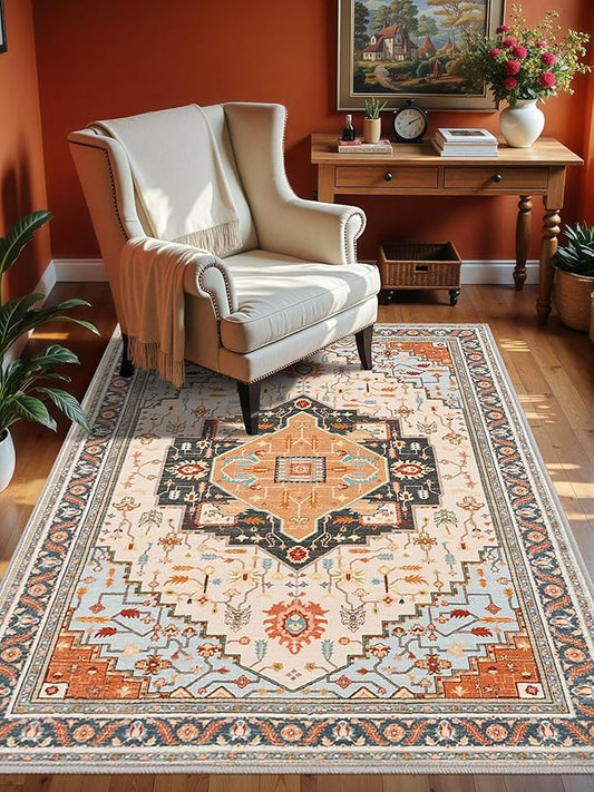 4x6 Orange Beige Area Rug for Living Room, Machine Washable Rugs with Non-Slip Backing for Bedroom, Vintage Medallion Carpet Kitchen Laundry Kids Room Decor