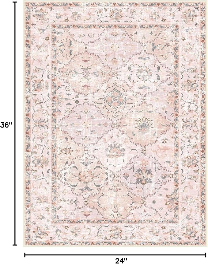 Washable Boho Vintage Area Rugs 2×3 Non-Slip Traditional Pink Area Rug Doormat for Bathroom Kitchen Entryway