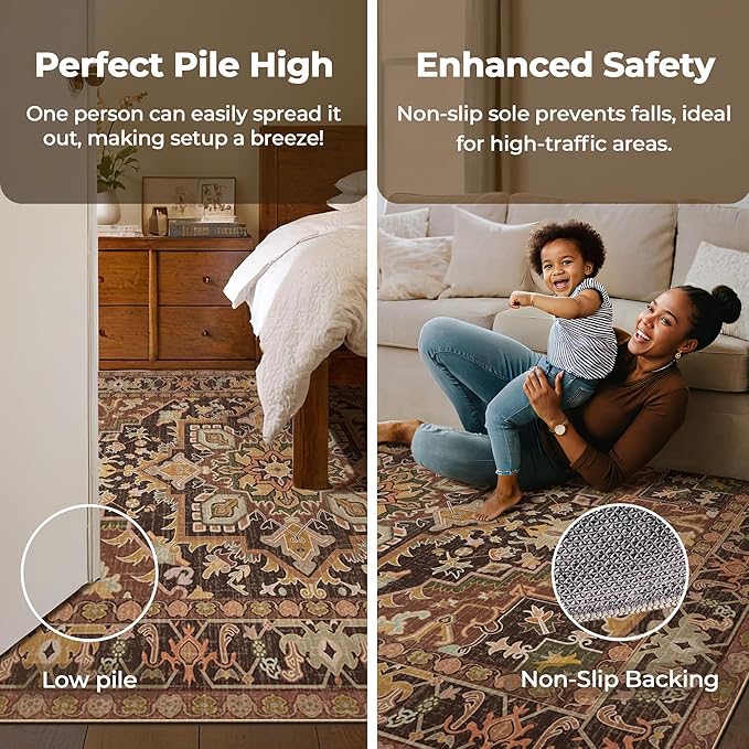 Kokia Washable Area Rugs 9x12 Living Room Boho Non Slip Thin Carpet Stain Resistant Vintage Brown Printed Oriental Distressed Rug for Bedroom Low Pile