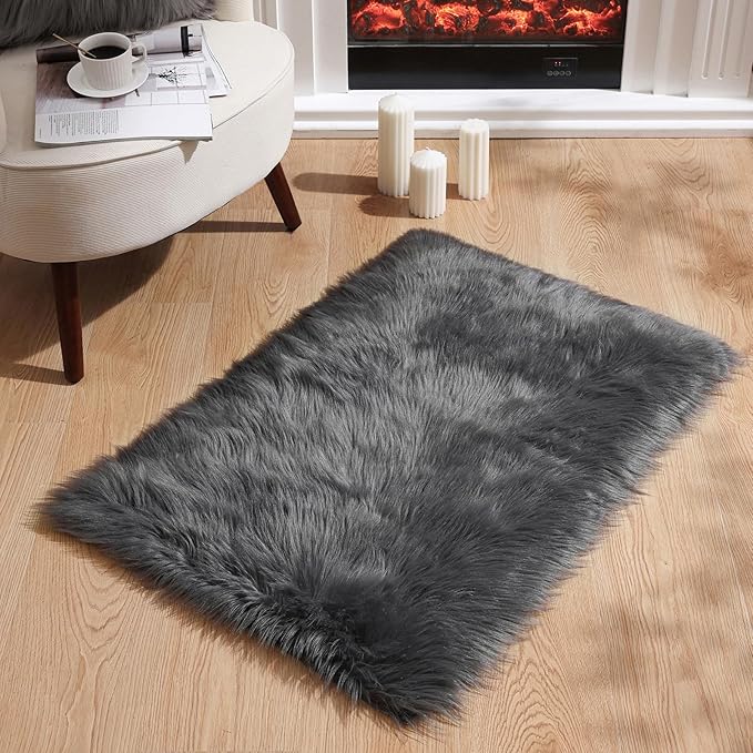 Ashler Faux Fur Rug - Fluffy Shaggy Area Rug, Ultra Soft 2 x 3 Feet Rectangle, Dark Grey Fuzzy Machine Washable Shag, Nursery Decor Throw for Bedroom, Living Room
