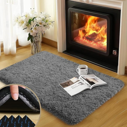 2x3 Rug for Bedroom, Fluffy Area Rugs for Living Room, Small Soft Shag Fuzzy Shaggy Carpets for Kids Boys and Girls Dorm with 4 Non-Slip Rug Tapes for Room Home Decor (2ft x 3ft, Dark Grey)