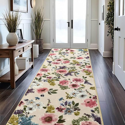 2x6 Runner Rug for Hallways Kitchen Machine Washable Boho Floral Rug Runner Non-Slip Soft Low Pile Long Floor Carpet Runner for Laundry, Bedroom, Entryway (Beige)