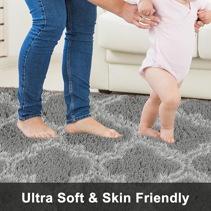 4x5.8 Plush Area Rug, High Pile Rugs for Living Room, Ultra Soft Indoor Carpet for Bedroom, Kids Room, Playroom, Home Decor, Geometric, Light Grey/White