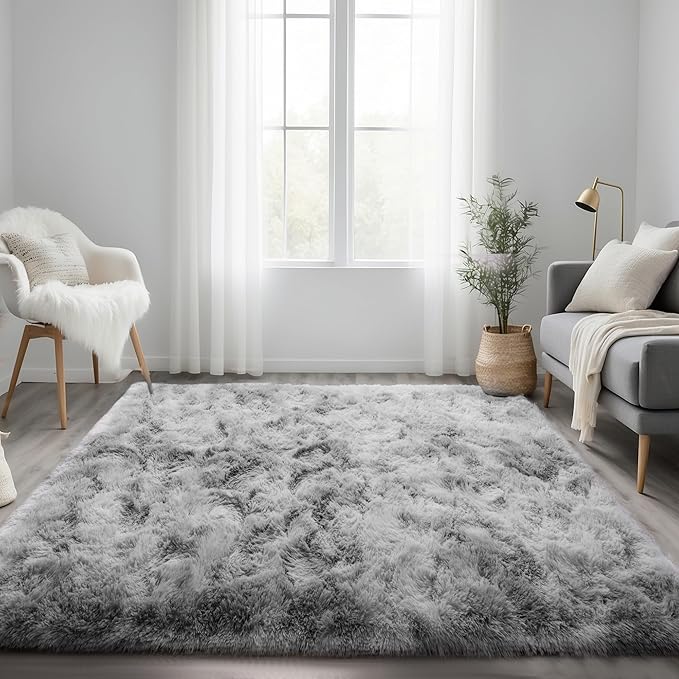 Grey Fluffy Rug for Bedroom 5x7 Feet - Ultra Soft & Anti-Skid Shaggy Area Rug, Comfy Durable Carpet for Living Room & Kids Dorm Nursery, Home Decor Aesthetic