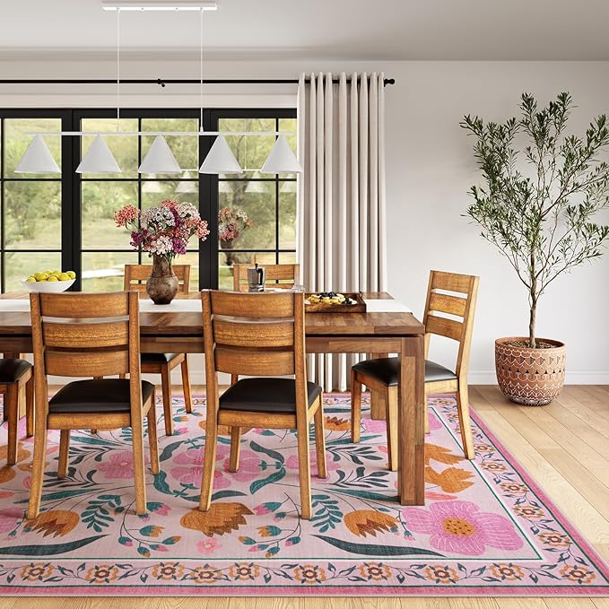 Beeiva Floral Pink Rugs for Living Room 8x10, Soft Washable Area Rugs Ultra Thin with Low Plie, Large Non Slip Throw Carpet for Bedroom Nursery Dining Room (Pink,8'x10)