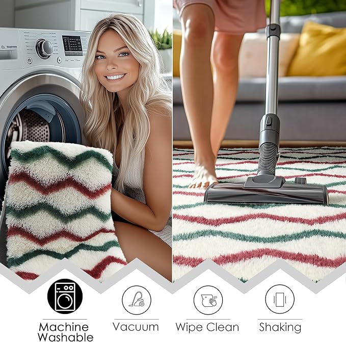 RUGTUDER Ultra Soft 5x8 Rugs Fluffy for Living Room, Washable Fuzzy Furry Rug for Bedroom, Non Slip Shaggy Striped Chevron Carpets for Girls Boys Room Teens Dorm Playroom Office, Cream Red Green