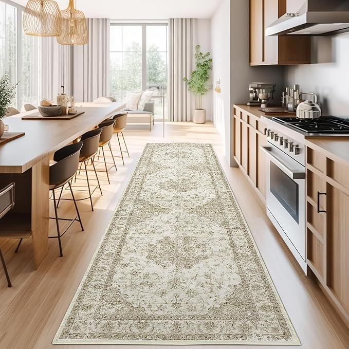 jinchan Kitchen Runner Rug 3x10 Vintage Floral Machine Washable Non-Slip Hallway Rug with Rubber Backing Ultra-Thin Carpet Runner for Bedroom Laundry Room Living Room (3x10ft,Taupe)