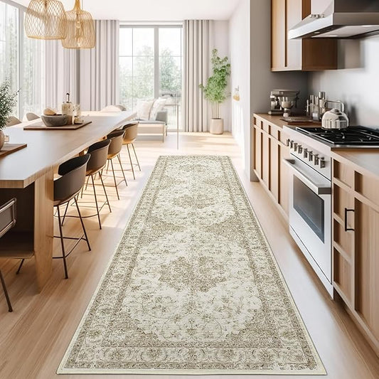 jinchan Kitchen Runner Rug 3x10 Vintage Floral Machine Washable Non-Slip Hallway Rug with Rubber Backing Ultra-Thin Carpet Runner for Bedroom Laundry Room Living Room (3x10ft,Taupe)