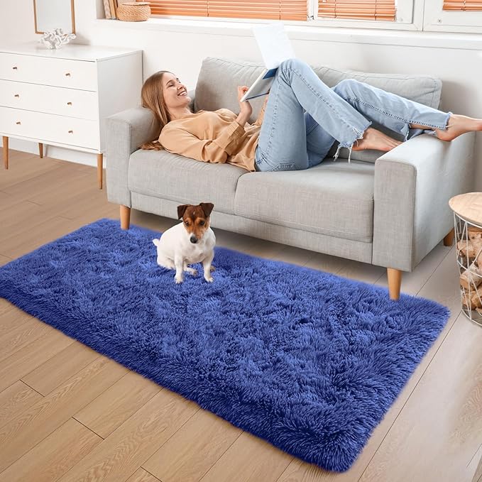 YJ.GWL Fluffy Runner Rugs for Bedroom Living Room Soft Shag Rug 2x6 Feet, Light Navy Plush Carpet Non Slip for Nursery Dorm, Fuzzy Bedside Rug for Kids Boys Room Home Decor