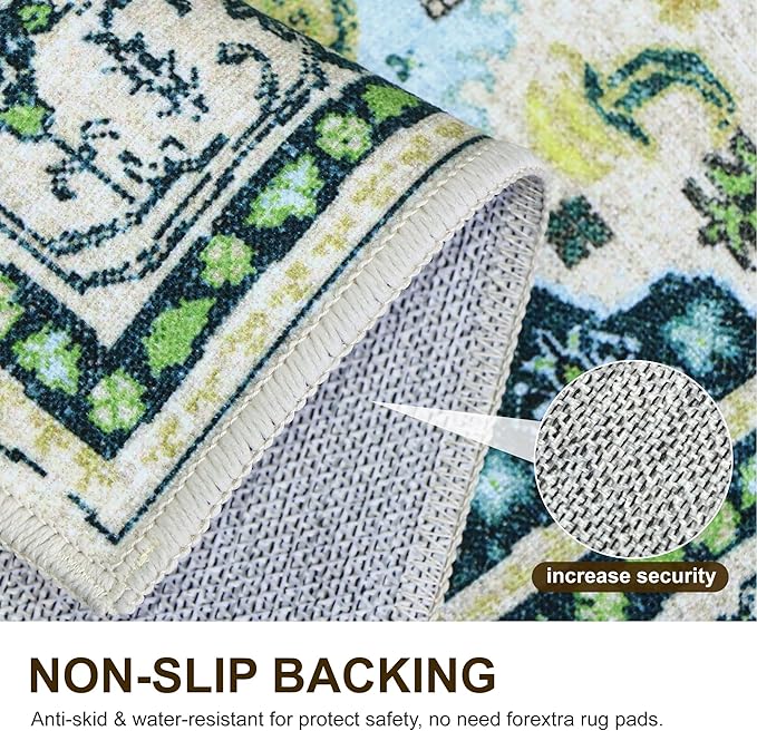 2x5 Runner Rug Non Slip, Machine Washable Rug Runners for Hallways, Vintage Distressed Print Kitchen Runner, Low Pile Lightweight Carpet Runner for Entryway, Laundry, Bedroom, Bathroom Ivory Green