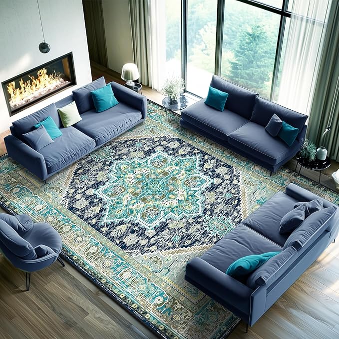 BESTSWEETIE 6x9 Area Rugs for Living Room Washable Non Slip Carpet Low Pile Soft Vintage Print Pattern Rug for Bedroom Dining Room Kitchen Entryway Indoor-Teal/Navy/Green/Yellow