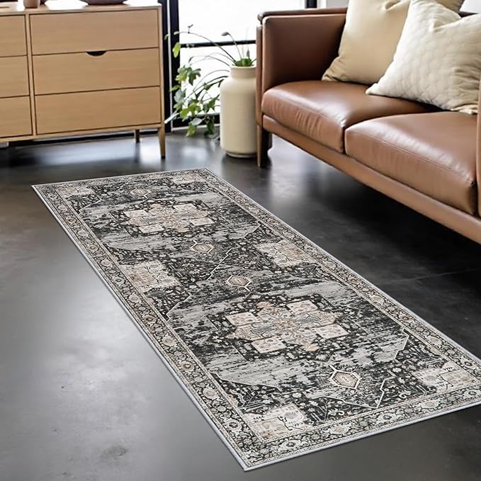 2x6 Hallway Washable Runner Rug - Boho Rugs for Living Room Stain Resistant Carpet Vintage Tribal Rugs for Bedroom Kitchen Non Slip Backing Home Decor Floor Decoration Mat 2X6 Black
