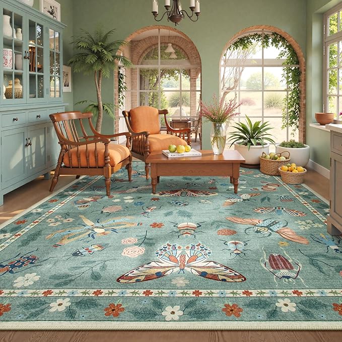 Beeiva Insect Print Rug 8x10, Non Slip Washable Living Room Area Rugs, Soft Low Pile Ultra Thin Dining Room Rug Stain Resistant Large Carpet for Office, Bedroom, Kids Room, Playroom - Light Green