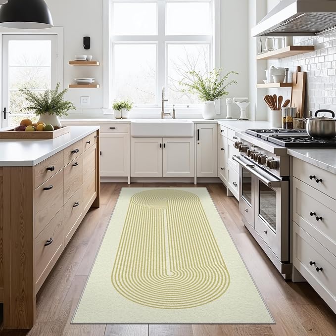 Bavni Hallway Runner, Machine Washable Runner Rug, Soft Modern 2x7 Rugs, Abstract Low Pile Lightweight Rugs for Bedroom, Hallways, Kitchen, Beige Yellow Lines