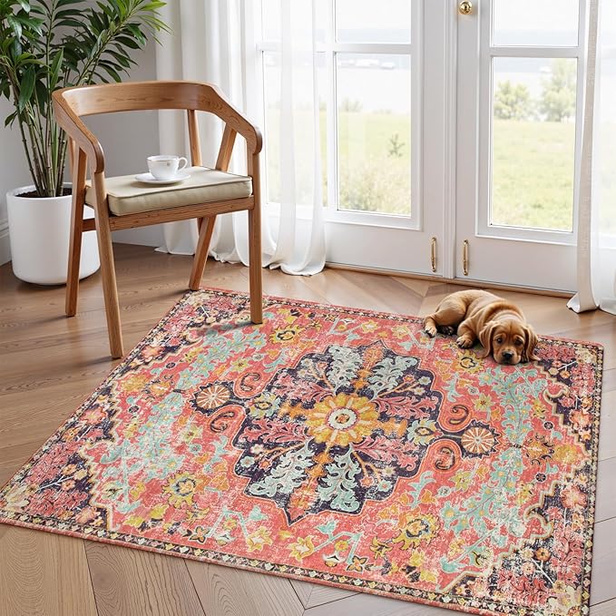 Lahome Bohemian Floral Medallion Area Rug - 4x6 Hot Pink Entryway Rug Soft Laundry Room Mat, Non-Slip Machine Washable Nursery Accent Carpet for Dorm Department Kitchen Office, Fuchsia/Multi