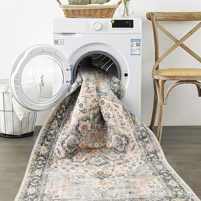 Washable Area Rug 9x12 - Living Room Farmhouse Vintage Oriental Rug Large Distressed Non-Slip Stain Resistant Carpet for Bedroom Dining Room Home Office (9x12 Sage Green/Orange)