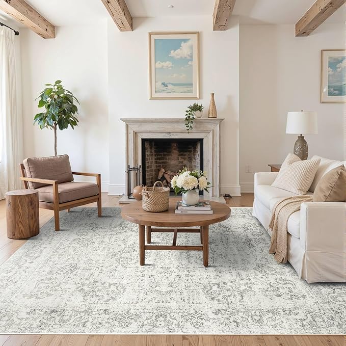 5X7 Washable Area Rug for Living Room, Neutral Vintage Large Boho Rugs for Office, Dining Room, Kids Room, Farmhouse, Durable Low Pile Non Slip Carpet for High Traffic Areas, Light Grey