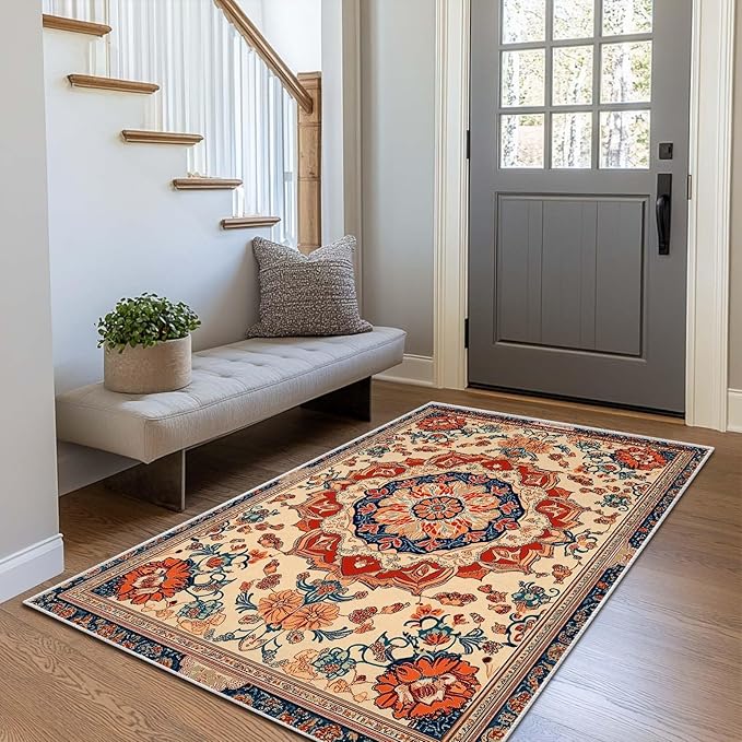 3x5 Entryway Rug Boho Orange Blue Area Rug Indoor Entrance Non Slip Door Mat Stain Resistant Washable Machine Soft Low Pile Small Carpet Bathroom Kitchen