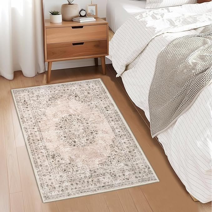 2x3 Area Rugs for Entryway: Washable Vintage Rug Indoor Soft Non-Slip Distressed Doormat for Bedroom Bathroom Kitchen Home Office (Brown, 2'x3')