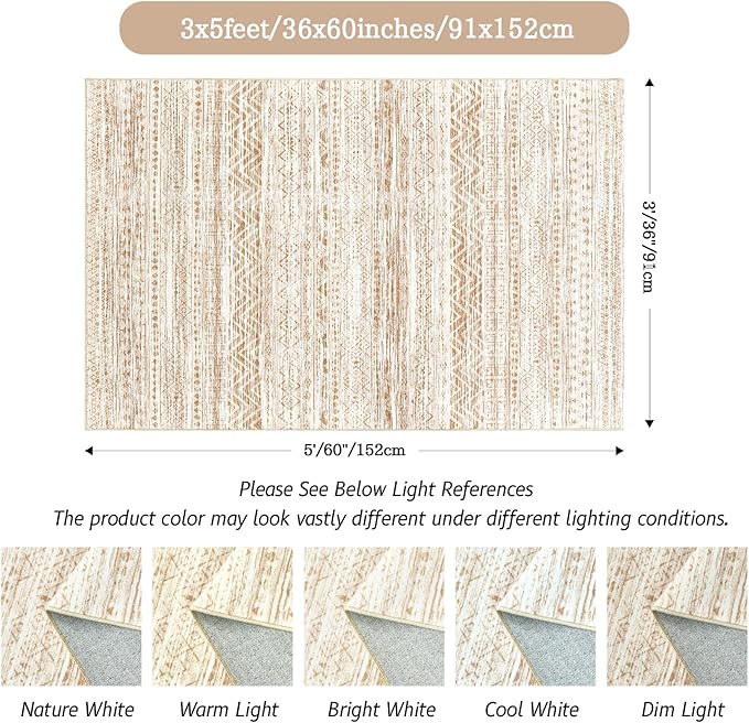 3x5 Area Rugs for Living Room Moroccan Washable Carpet Non-Slip Indoor Area Rugs for Dining Room Bedroom Beige