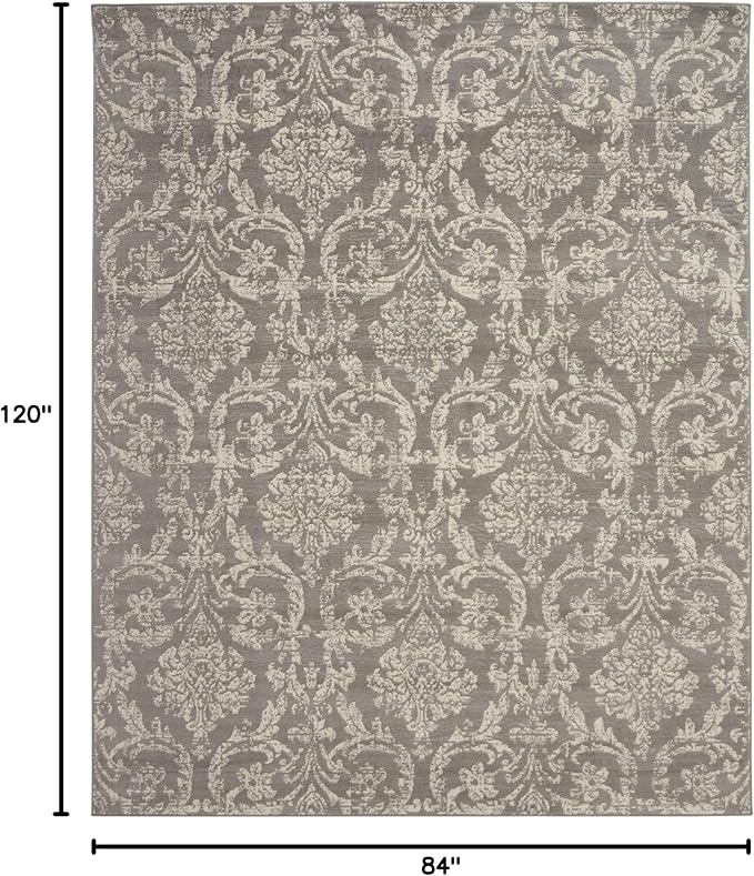 Nourison Jubilant Damask Grey 7' x 10' Area Rug, Easy Clean, Non Shedding, Bed Room, Living Room, Dining Room, Kitchen (7x10)