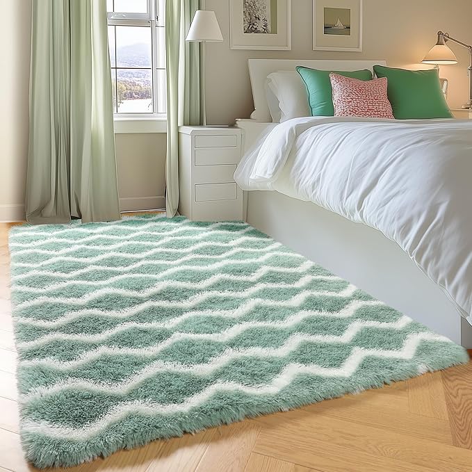 RUGTUDER Soft Shaggy Rugs for Bedroom, Washable 4x6 Fluffy Chevron Rug for Living Room, Non-Slip Plush Floor Striped Rug for Girls Kids Room Teens Dorm Nursery Classroom Playrom, Sage Green and White