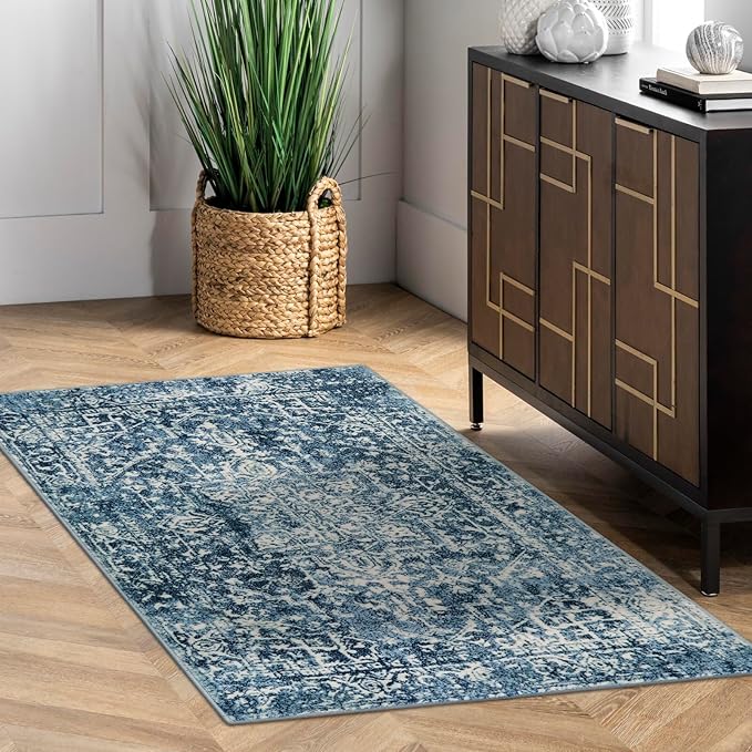 Morebes Vintage 3x5 Living Room Rugs, Blue Washable Bathroom Rug Stain Resistant Non Slip Rug, Soft Non-Shedding Low PileIndoor Carpet for Bedroom Kitchen Entryway