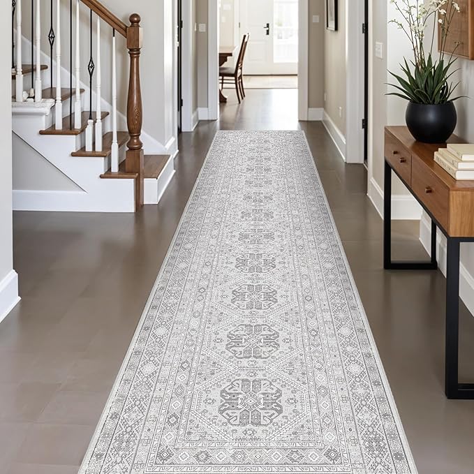 3x14 Runner Rug Kitchen Washable: Oriental Indoor Hallway Runners with Non Slip Backing Floor Mat for Entryway Door Low Pile Thin Carpet for Bedroom Bathroom Living Room Bedside Grey