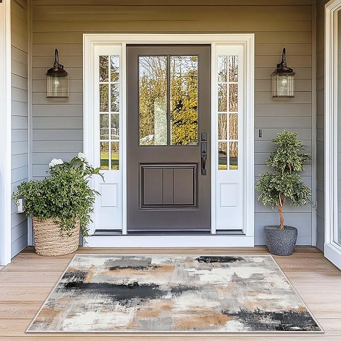 3x5 Area Rug Machine Washable Entryway Rugs Modern Abstract Black White Grey Rug Non-Slip Low Pile Door Mat Entrance Small Carpet for Home Kitchen Bathroom Bedroom
