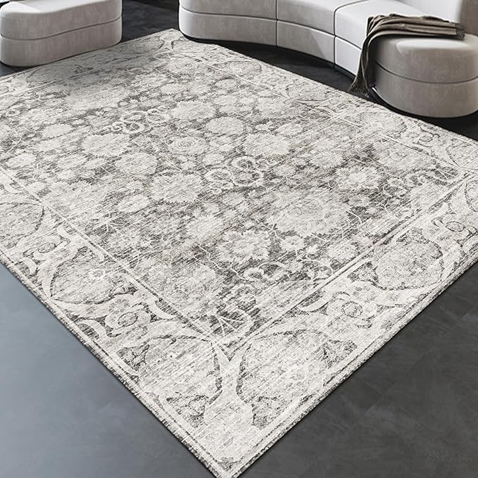Floral Living Room Rug 8x10, Washable Taupe Area Rugs for Bedroom, Vintage Rug 8x10, Soft Pet Friendly Stain Resistant Floor Carpets for Dining Room Decor (Taupe, 8X10)