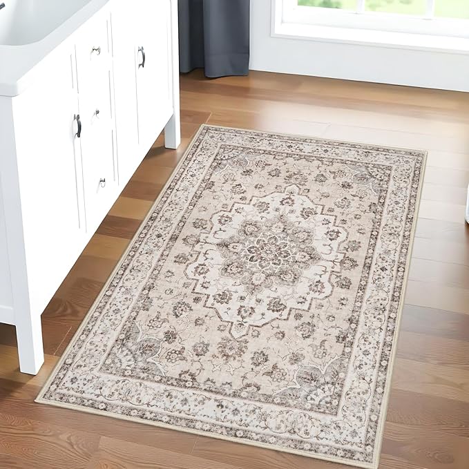 Washable 2x3 Entryway Area Rug: Vintage Non-Slip Backing Rugs for Kitchen Bathroom Water Resistant Carpet for Bedroom Soft Low Pile Front Door Mat for Dining Room 2x3 Cream/Beige
