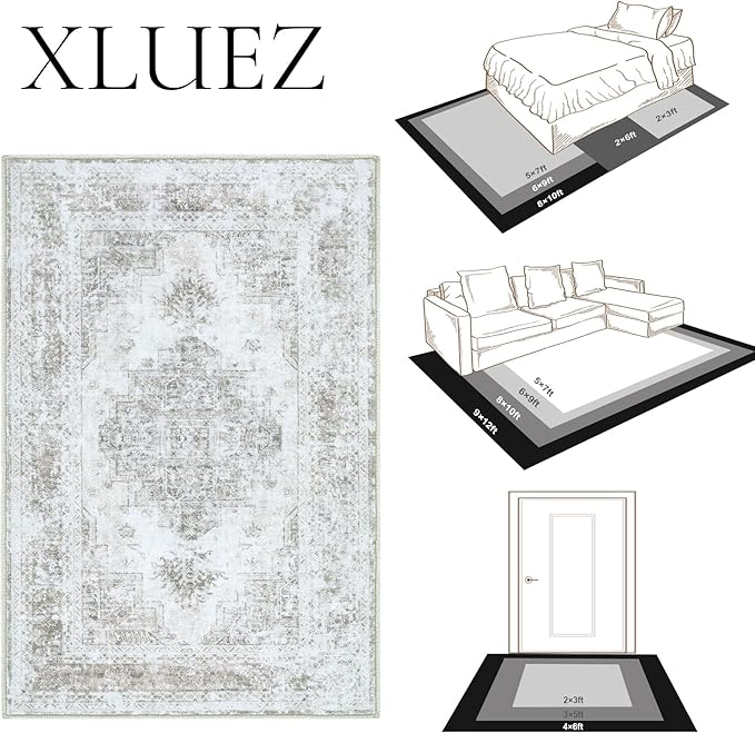 Vintage Medallion Distressed Throw Rug, 3x5, Taupe - Machine Washable, Non-Slip, Soft Low Pile for Bedroom, Bathroom, Kitchen, Entryway & Hallway