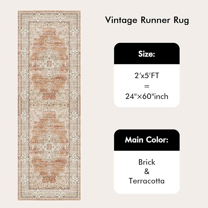 2x5 Runner Rug for Hallway Washable: Non Slip Kitchen Rugs with Rubber Backing Soft Waterproof Mats Stain Resistant Indoor Vintage Carpet Runner for Bedroom Bathroom Laundry Entryway Brick/Terracotta