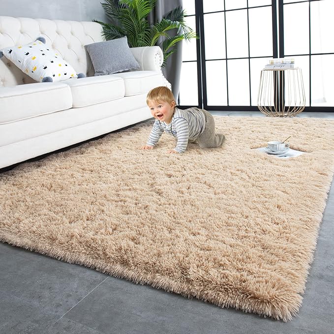 TWINNIS Super Soft Shaggy Rugs Fluffy Carpets, 5x8 Feet, Indoor Modern Plush Area Rugs for Living Room Bedroom Kids Room Nursery Home Decor, Upgrade Anti-Skid Rectangular Fuzzy Rug, Light Tan