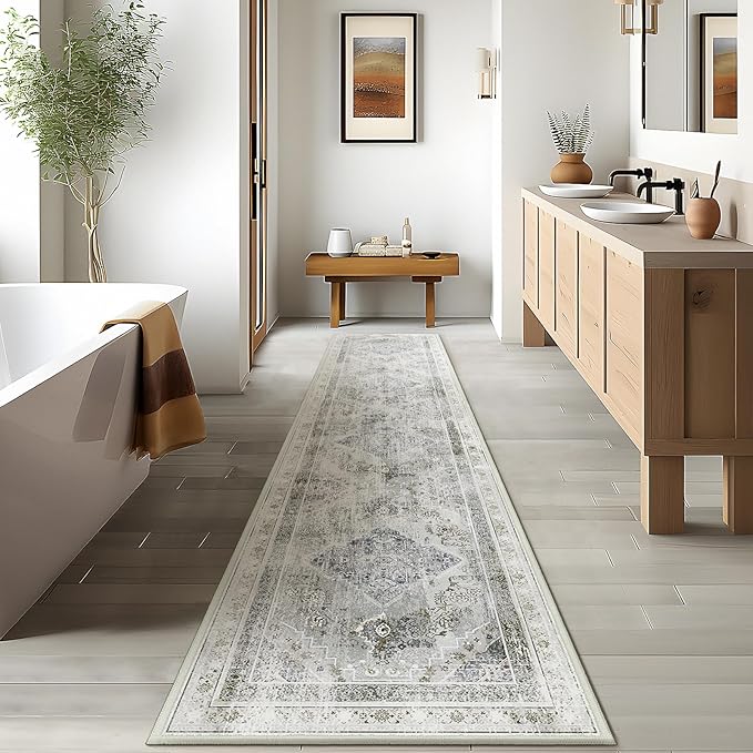 Phantoscope Hallway Runner Rug 2'x10'- Long Rug Runner Boho Washable Non-Slip Carpet for Kitchen Entryway Laundry Bedroom, Ultra-Thin Runners Vintage Distressed Accent Rug, Grey/Dull Teal