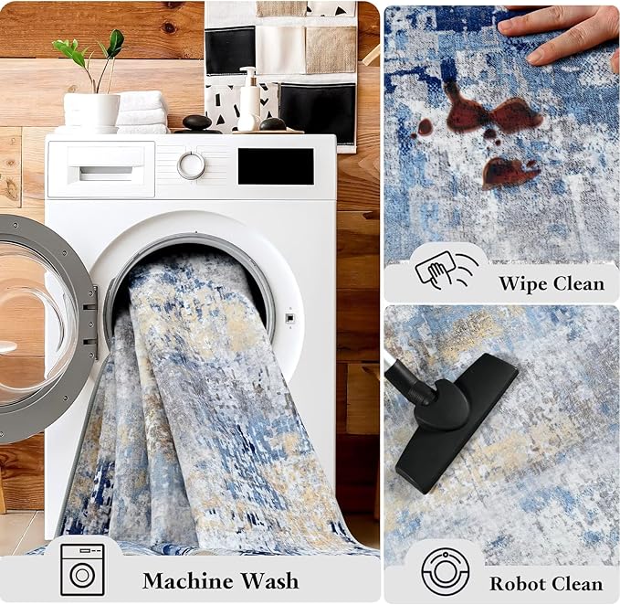 Washable Abstract Rug, 2x3 Small Modern Area Rugs with Non-Slip Rubber Backed for Kitchen, Thin but Soft Throw Carpet Bedroom Entryway Front Door Decor, Midnight Blue