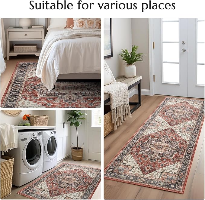 jinchan Area Rug 5x7 Entryway Washable Rug Soft Thin Vintage Low Pile Non Slip Distressed Carpet Indoor Oriental Medallion Rug for Bedside Bathroom Bedroom Laundry Room Dining Room Terra Red Multi