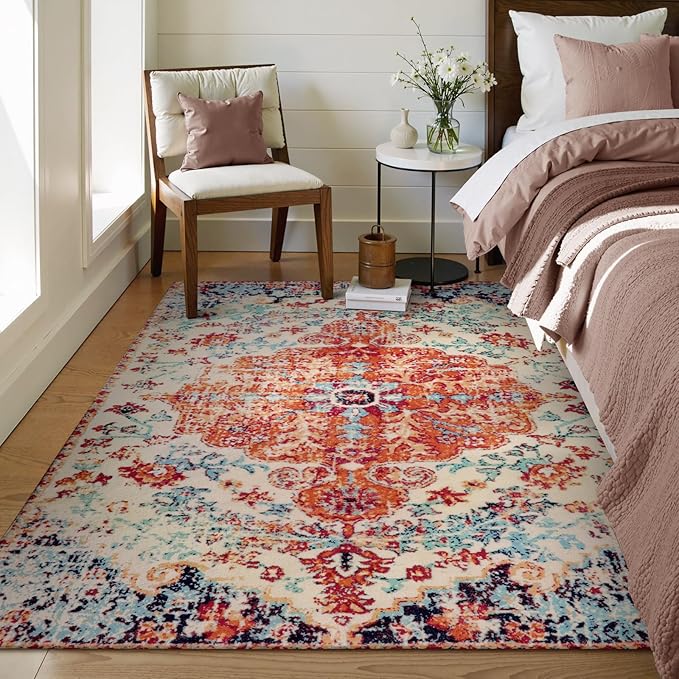Lahome Bohemian Floral Medallion Area Rug - 4x6 Oriental Distressed Bedroom Rug Country Vintage Faux Wool Indoor Throw Mat Non-Slip Washable Low-Pile Carpet for Bathroom Living Kitchen Laundry Room