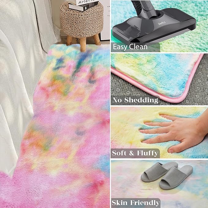 Ultra Soft Area Rug 5x7 Feet, Cosy Fuzzy Faux Fur Area Rug,Indoor Modern Plush Washable Shaggy Rugs for Bedroom Living Room Home Decor, Fluffy Carpet for Kids Room,Nursery,Dorm (Rainbow)