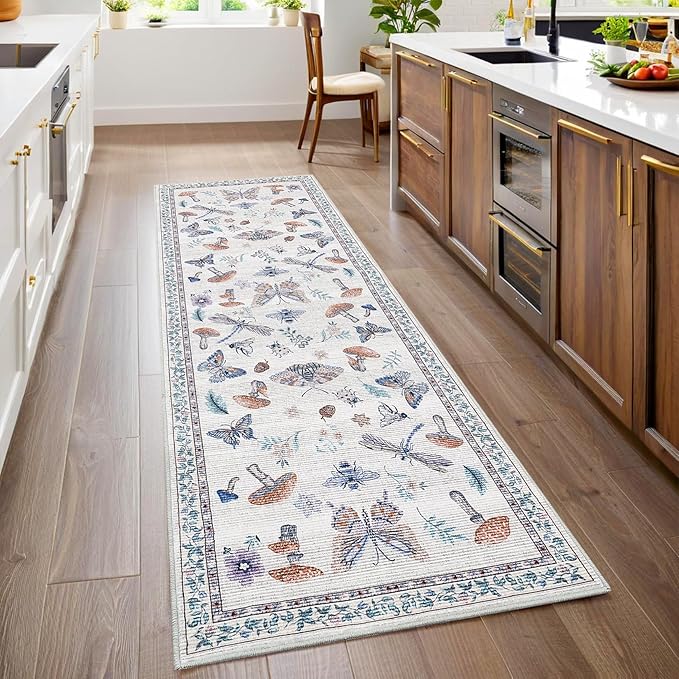 2.5x8 Runner Rug for Hallway Washable Kitchen Rugs Non Slip with Rubber Back Mushroom Soft Low-Pile Stain Resistant Foldable Indoor Carpet for Entryway Laundry Room Floor Mats Beige