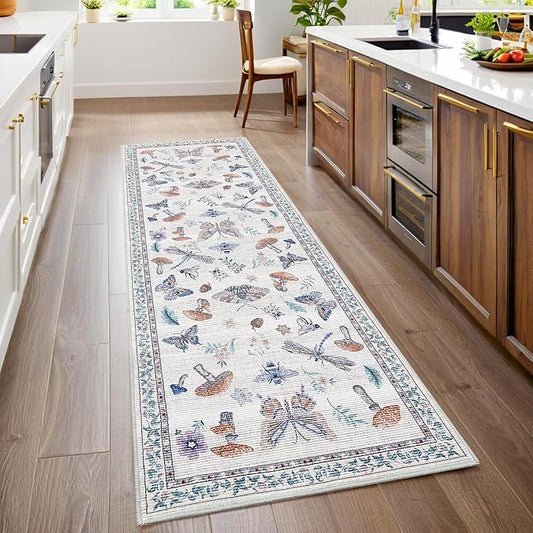 2.5x8 Runner Rug for Hallway Washable Kitchen Rugs Non Slip with Rubber Back Mushroom Soft Low-Pile Stain Resistant Foldable Indoor Carpet for Entryway Laundry Room Floor Mats Beige
