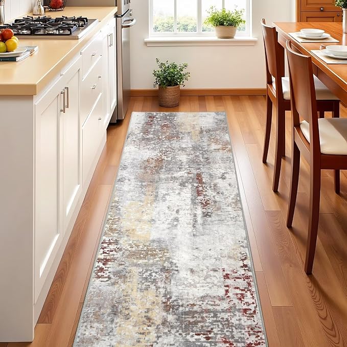 Washable Abstract Runner Rug, 2x6 Modern Area Rugs with Non-Slip Rubber Backed for Kitchen, Thin but Soft Contemporary Carpet Bedroom Entryway Hallway Decor, Rusty Brown