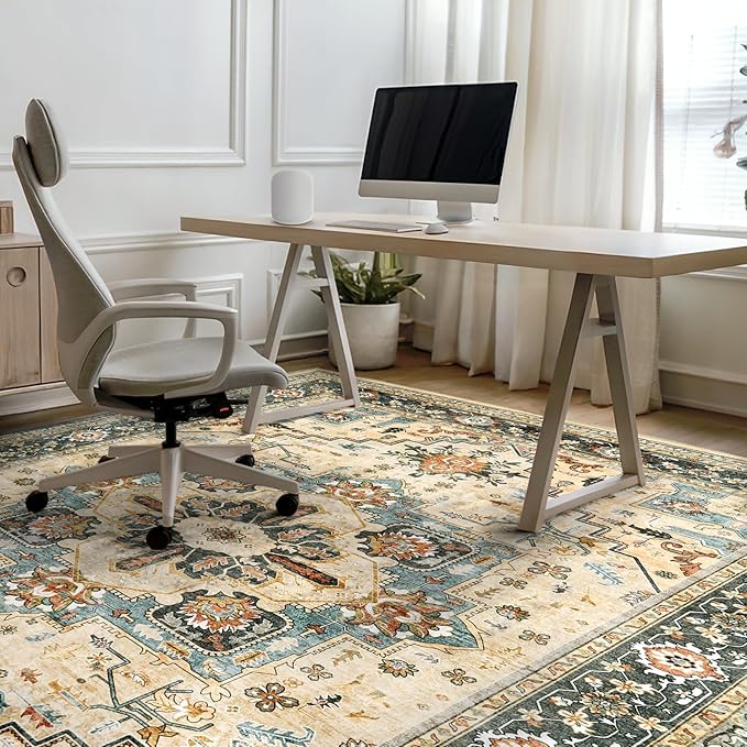 Area Rugs for Living Room 9x12 - Large Machine Washable Vintage Oriental Soft Rug, Low Pile Thin Carpet with Non Slip Backing for Bedroom, Dorm, Under Dining Room Table, Indoor House, Office Decor